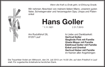 Traueranzeige von Hans Goller von Pegnitz-Zeitung